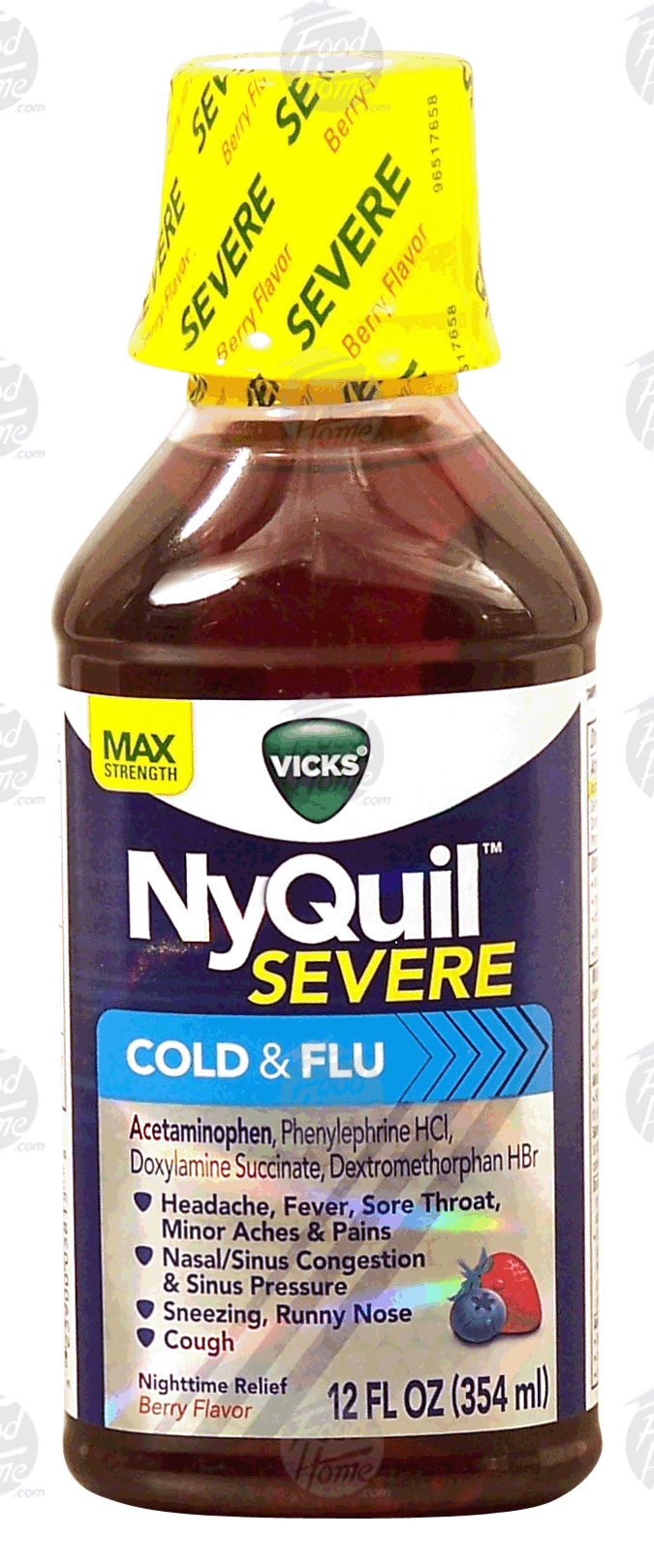 Vicks NyQuil severe; cold & flu, nighttime relief, max strength, berry flavor Full-Size Picture